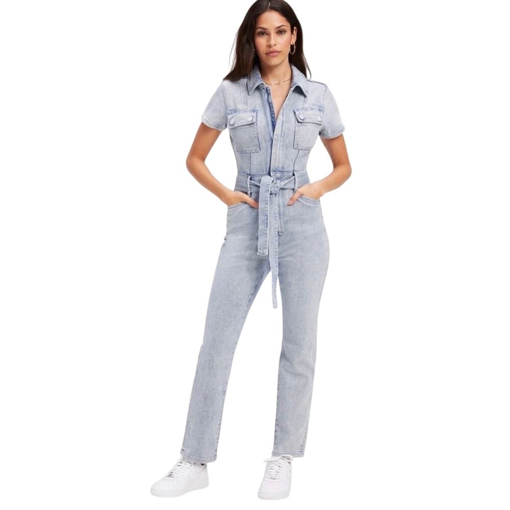 GOOD AMERICAN Women’s Fit For Success Belted Stretch denim Jumpsuit